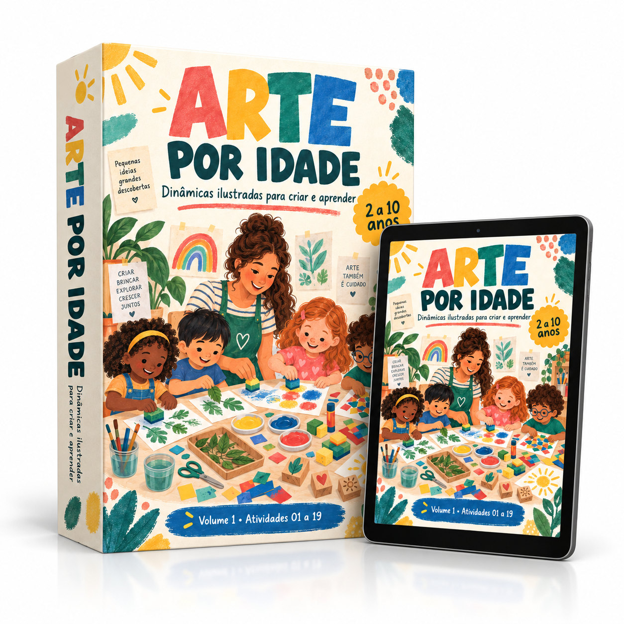 Mockup do material digital Arte por Idade, com a capa ilustrada em uma caixa e em um tablet.